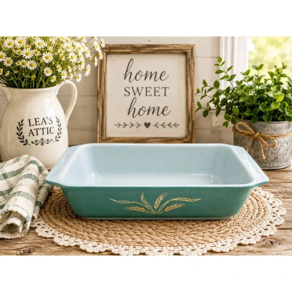 VTG Promotional Pyrex 2 Qt Green Wheat Space Saver Casserole Dish 575B Farmhouse